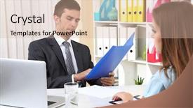  Presentation with 30 60 90 job interview - Cool new PPT theme with personnel file - job applicant having interview backdrop and a soft green colored foreground