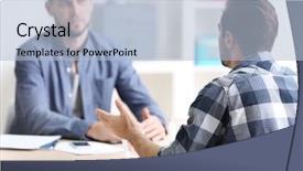  Presentation with job interview - Slide set having personnel file - male job applicant having interview background and a light blue colored foreground