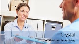  Presentation with job interview - Presentation theme consisting of personnel file - man at job application interview background and a light blue colored foreground