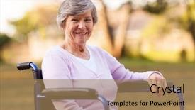  Presentation with wheelchair - Presentation design with persons disability - pretty senior woman sitting background and a coral colored foreground