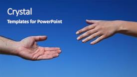  Presentation with blue sky - Amazing slides having persons trying to reach hands backdrop and a ocean colored foreground