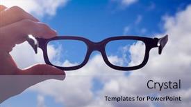  Presentation with blonde holding magnifying glass - Colorful presentation theme enhanced with perspective - hand holding glasses between thumb backdrop and a light blue colored foreground