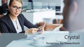  Presentation with business partner - Colorful presentation enhanced with persuasion - beautiful lady executive leading negotiations backdrop and a light blue colored foreground