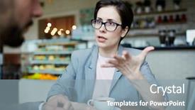  Presentation with meeting - PPT theme enhanced with persuasion - portrait of confident modern businesswoman background and a light blue colored foreground