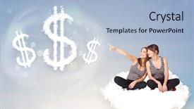  Presentation with dollar signs - Beautiful presentation featuring pertty young women sitting on cloud next to cloud dollar signs backdrop and a light blue colored foreground