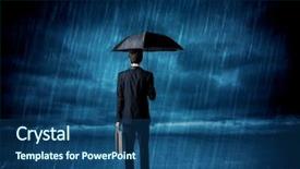  Presentation with rain - Slides having business man standing in rain with an umbrella concept on background background and a ocean colored foreground