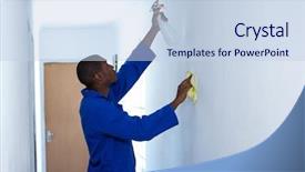  Presentation with pest control - Colorful theme enhanced with pest control - handyman spraying insecticide on wall backdrop and a sky blue colored foreground