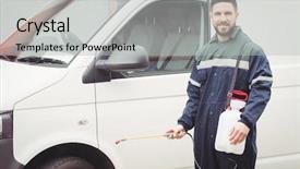  Presentation with pest control - Audience pleasing slide set consisting of pest control - handyman with insecticide standing backdrop and a light gray colored foreground