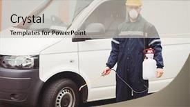  Presentation with handyman - Presentation design featuring pest control - handyman with insecticide standing background and a soft green colored foreground