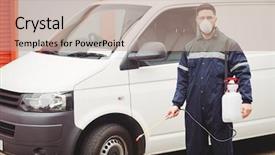  Presentation with handyman - Cool new PPT layouts with pest control - handyman with insecticide standing backdrop and a coral colored foreground