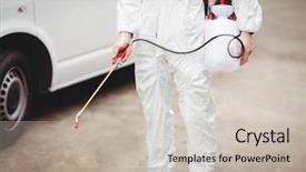  Presentation with handyman - Colorful presentation enhanced with pest control - handyman with insecticide standing backdrop and a soft green colored foreground