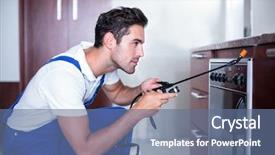  Presentation with pest control - Amazing PPT theme having pest control - man spraying insecticide on oven backdrop and a ocean colored foreground