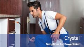  Presentation with pesticide - Presentation theme enhanced with pest control - man spraying pesticide in kitchen background and a ocean colored foreground