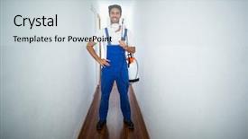  Presentation with pesticide - Slides with pest control - portrait of confident pesticide worker background and a sky blue colored foreground