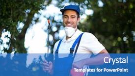  Presentation with pest - Slides having pest control - portrait of happy insecticide worker background and a teal colored foreground