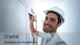  Presentation with work happy hour - Theme enhanced with pest control - portrait of happy worker using background and a light blue colored foreground