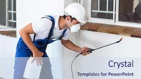  Presentation with house window - Slides enhanced with pest worker spraying insecticide below background and a sky blue colored foreground