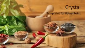  Presentation with rustic wood wooden frame - PPT theme enhanced with pestle - composition with different spices background and a gold colored foreground