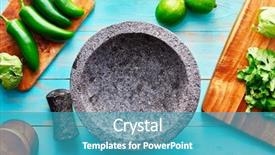  Presentation with ready - Colorful PPT theme enhanced with pestle - empty molcajete on table backdrop and a teal colored foreground