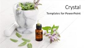  Presentation with essential oil - Theme with mortar pestle - essential oil and mint background and a white colored foreground