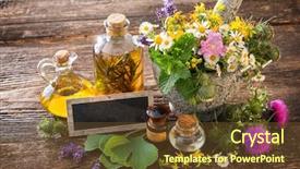  Presentation with mortar - Presentation theme having pestle - tincture bottles and healing herbs background and a tawny brown colored foreground