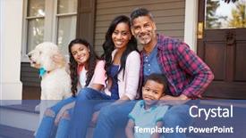  Presentation with family pet - Presentation theme having pet dog sit on steps background and a ocean colored foreground
