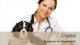  Presentation with veterinary - Presentation design consisting of pet health - young positive brunette veterinary woman background and a coral colored foreground