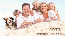  Presentation with family pet - Presentation theme featuring pet hotel - happy caucasian family and dog background and a cream colored foreground
