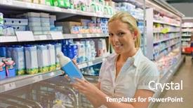  Presentation with supermarket shopping cart buying food - PPT layouts having pet shop - young woman buys milk background and a coral colored foreground