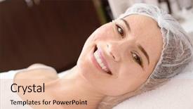  Presentation with aromatherapy salon - Colorful slides enhanced with petides - young woman after biorevitalization procedure backdrop and a coral colored foreground