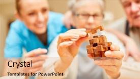  Presentation with patience - PPT theme with petience - demented senior woman puts blocks background and a coral colored foreground