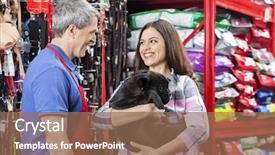  Presentation with salesman - Audience pleasing PPT layouts consisting of pets - salesman looking at customer backdrop and a coral colored foreground