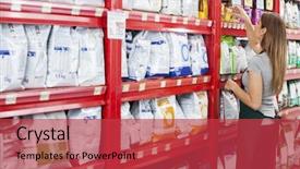  Presentation with pet food - PPT layouts enhanced with pets - saleswoman arranging food packages background and a red colored foreground