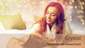  Presentation with pets - Beautiful slide deck featuring pets comfort christmas winter and people concept - happy young woman with cat lying in bed at home backdrop and a coral colored foreground
