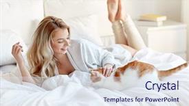  Presentation with pets - Beautiful slide deck featuring pets morning comfort rest and people concept - happy young woman with cat in bed at home backdrop and a sky blue colored foreground