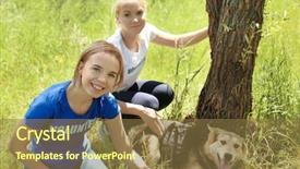  Presentation with trainee nurse sitting by female - PPT layouts with petting homeless dogs from shelter background and a tawny brown colored foreground