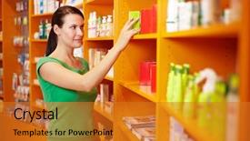  Presentation with pharmacy - Beautiful slide deck featuring pharamcy costs - young smiling woman buying medicine backdrop and a gold colored foreground