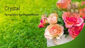  Presentation with green grass artificial top - PPT theme enhanced with pharanges - beautiful of artificial flowers background and a  colored foreground