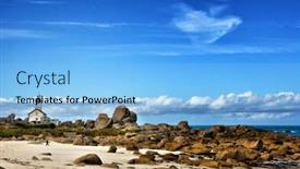  Presentation with beach rocks - Colorful presentation theme enhanced with phare de pontusval small lighthouse in the rocks on the beach at brignogan-plage brittany france backdrop and a light blue colored foreground