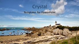  Presentation with beach rocks - PPT theme consisting of phare de pontusval small lighthouse in the rocks on the beach at brignogan-plage brittany france background and a teal colored foreground