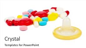  Presentation with condom - Amazing presentation design having pharm - condom and pills isolated backdrop and a  colored foreground