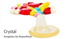  Presentation with condom - Theme consisting of pharm - condom and pills isolated background and a white colored foreground