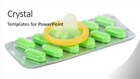  Presentation with condom - Slides with pharm - condom and pills isolated background and a white colored foreground