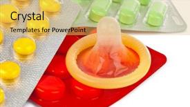  Presentation with condom - Cool new PPT theme with pharm - condom and pills isolated backdrop and a yellow colored foreground