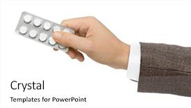  Presentation with white pills spilled from pills - Slides with pharm - hand giving pills isolated background and a  colored foreground