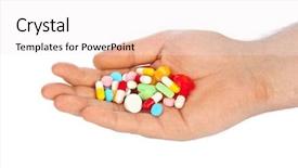  Presentation with pills - Colorful presentation theme enhanced with pharm - hand with pills isolated backdrop and a sky blue colored foreground