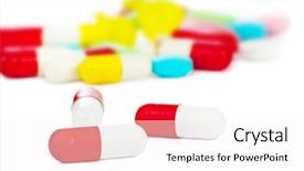  Presentation with white pills spilled from pills - Slide deck with pharm - heap of pills isolated background and a  colored foreground