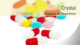  Presentation with white pills spilled from pills - Presentation consisting of pharm - heap of pills isolated background and a  colored foreground