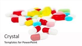  Presentation with white pills spilled from pills - Amazing slide deck having pharm - heap of pills isolated backdrop and a  colored foreground