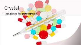  Presentation with chemistry white pills - Presentation design consisting of pharm - pills and thermometer isolated background and a  colored foreground